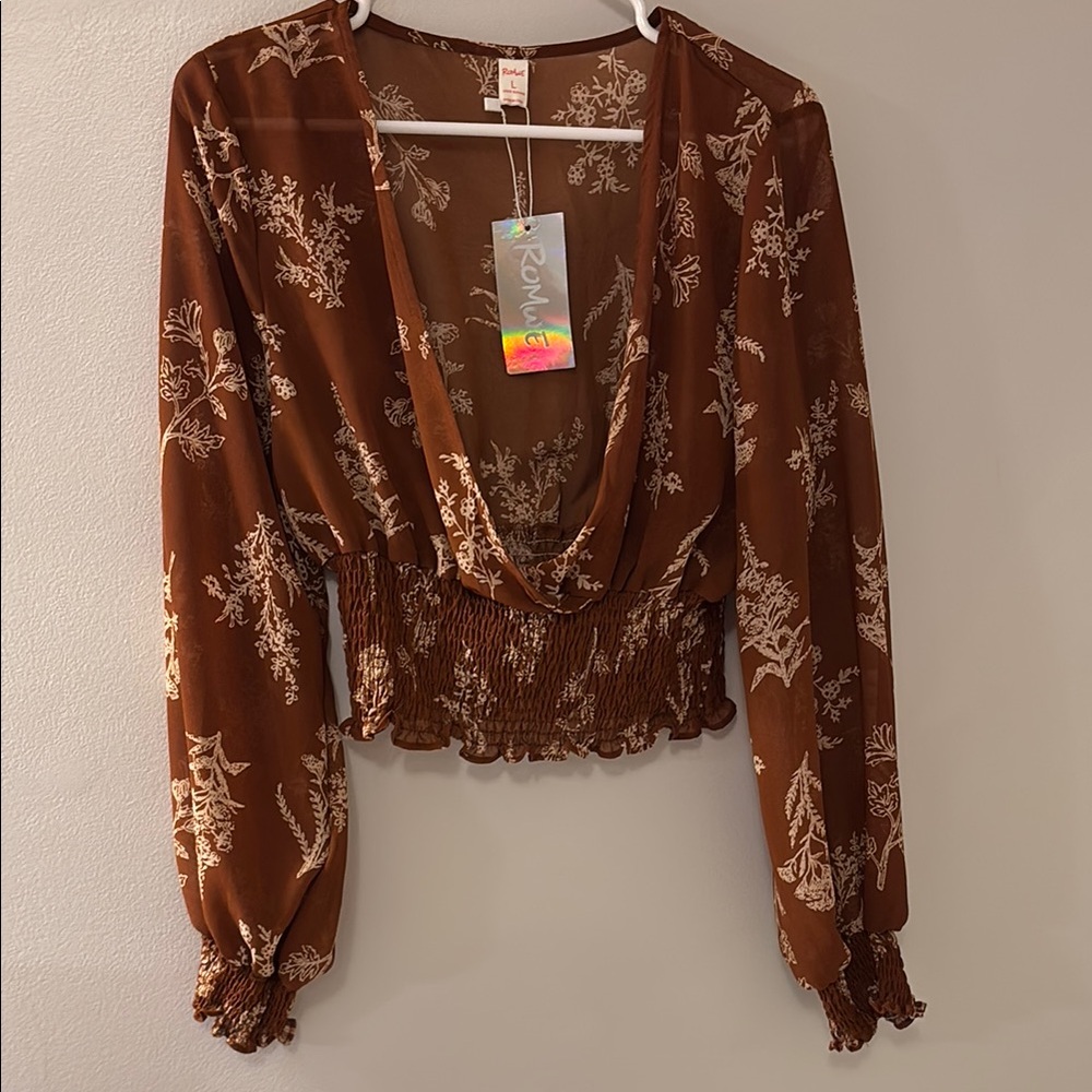 ROMWE Burnt Orange Floral Cropped Blouse